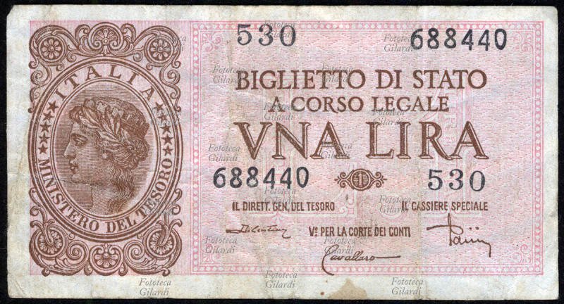 BANCONOTE Biglietto di Stato a corso legale: Una Lira. Fronte, Ministero del tesoro, R.D.L. 20 maggio 1935, D. Min. 23 novembre 1944
