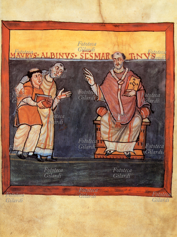 MONACI Alcuino presenta Rabano Mauro a San Martino. Rabano (franco proveniente da Magonza) era stato discepolo di Alcuino e per opera sua la scuola monastica di Fulda divenne un importante centro di cultura e di formazione. Miniatura del IX secolo.
