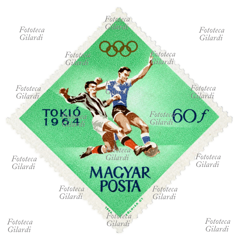 CALCIO Francobollo romboidale commemorativo della serie "Giochi olimpici estivi 1964 - Tokyo (I)" emessa dalle poste magiare. Nella vignetta due calciatori impegnati in un contrasto; la nazionale ungherese guadagnò poi la medaglia d\