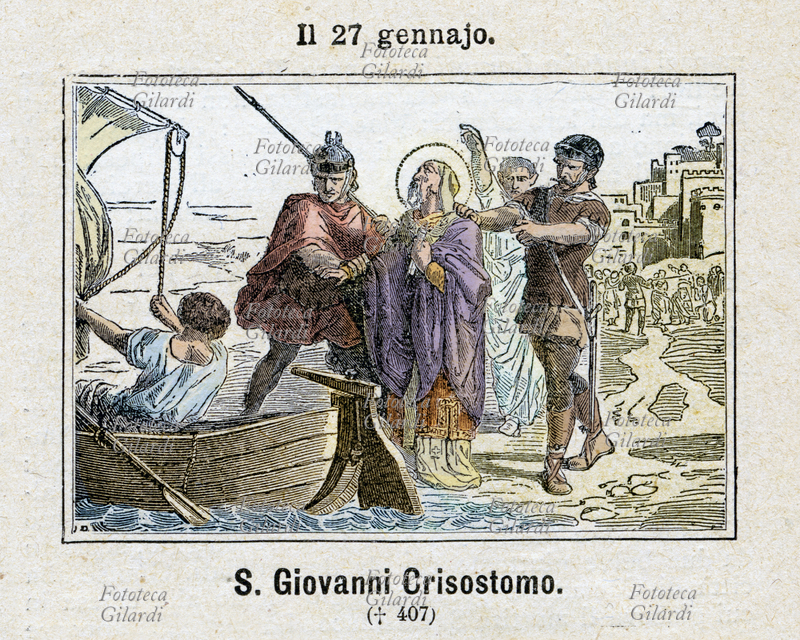 San GIOVANNI CRISOSTOMO (344/354 -407) arcivescovo e teologo bizantino, secondo patriarca di Costantinopoli, dottore della Chiesa. Uomo di grande eloquenza, fra i suoi scritti si annoverano ben otto omelie "Contro i Giudei"; composte probabilmente per forzare i cristiani giudeizzanti ad operare una scelta definitiva in favore della fede cristiana, furono tragicamente manipolate dal nazismo per giustificare l\