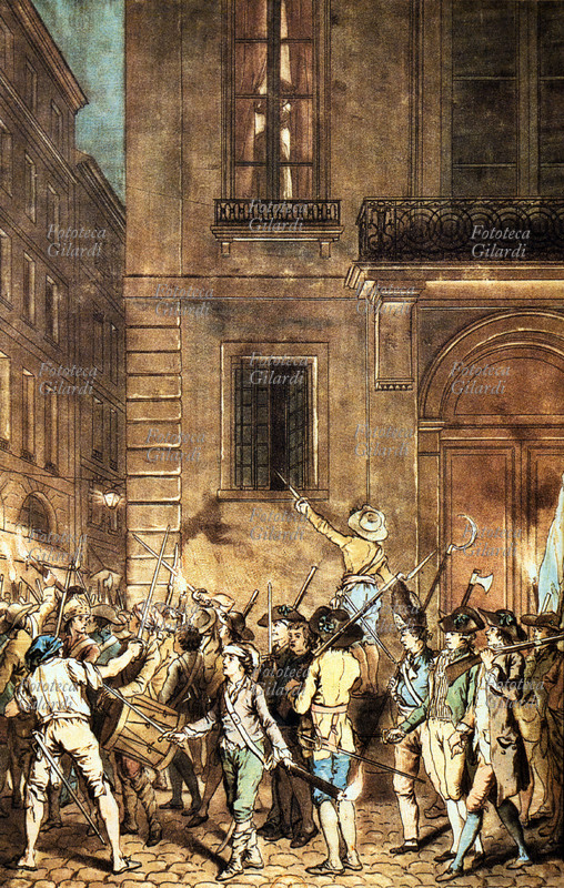 RIVOLUZIONE FRANCESE Il popolo parigino armato, sorveglia la città, nella notte del 12 luglio 1789 per impedire ai militari di occuparla. Acquaforte colorata di Antoine-François Sergenat- Marceau, XVIII secolo