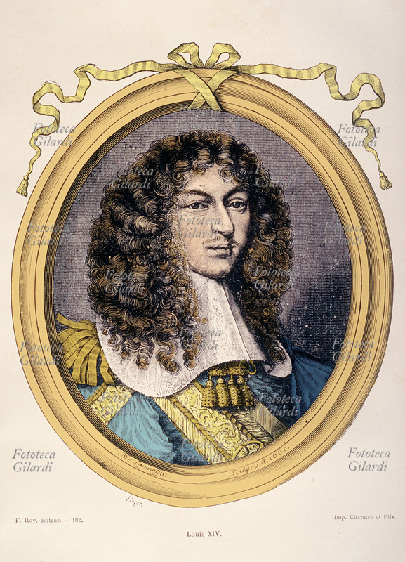 LUIGI XIV (5 settembre 1638 – 1º settembre 1715) re di Francia detto il re Sole, ritratto di Huyot da una incisione del 1660 di Nicolas de Larmessin, dal trattato storico \