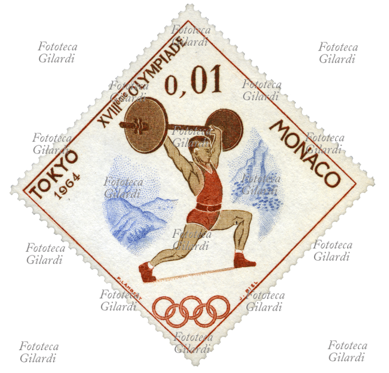 SOLLEVAMENTO PESI Francobollo romboidale della serie "Olimpiadi estive Tokyo; Olimpiadi invernali, Innsbruck" emessa dalle poste monegasche. Nella vignetta un atleta effettua l\