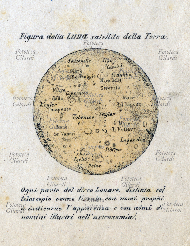 FIGURA DELLA LUNA satellite della Terra, descrizione originale: "Ogni parte del disco Lunare distinta col telescopio venne fissata con nomi proprii a indicarne l\