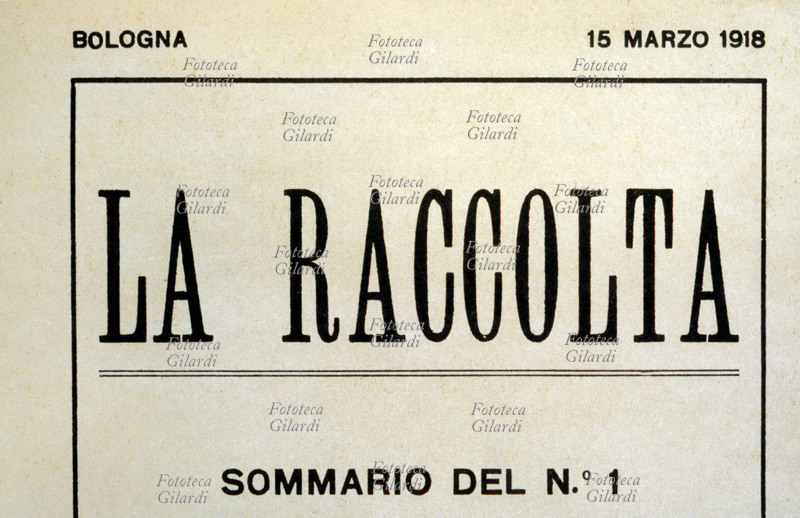 LA RACCOLTA Testata della rivista letteraria mensile bolognese. Il fascicolo conteneva scritti e grafica di: Carlo Carrà (1881 - 1966), Giuseppe Raimondi (1898 - 1985), Riccardo Bacchelli (1891 - 1985), Raffaello Franchi (1899 – 1949), Alberto Savinio (1891 - 1952), Filippo De Pisis (1896 - 1956). Italia, n. 1, 15 marzo 1918.