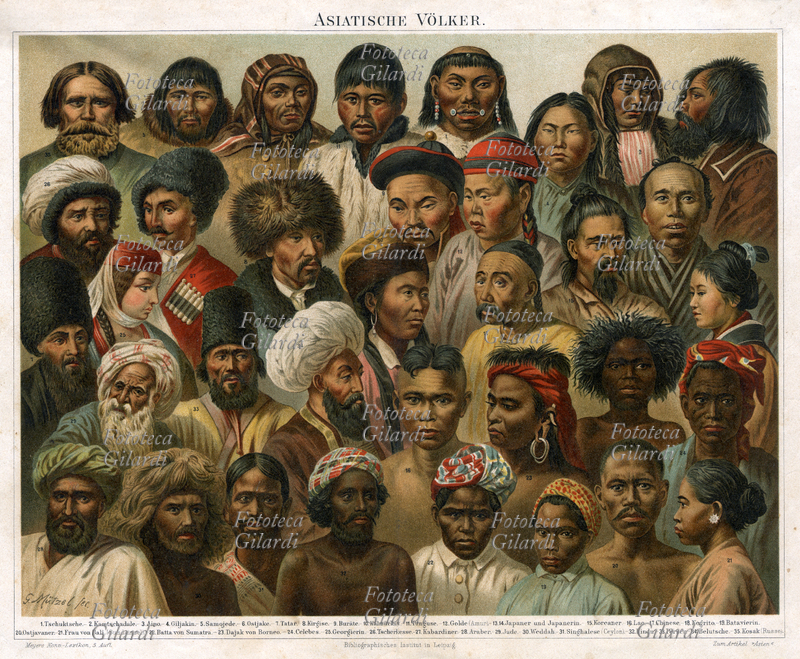 RAZZE Vari tipi di popoli asiatici - 1 Tschuktsche, 2 Kamtschadale, 3 Aino, 4 Giljakin, 5 Samojede, 6 Ostjake, 7 Tatar, 8 Kirgise, 9 Buräte, 10 Kalmütckin, 11 Tunguse, 12 Golde (Amuri), 13-14 Japaner-Japanerin, 15 Koreaner, 16 Lao, 17 Chinese, 18 Negrito, 19 Batavierin, 20 Ostjavaner, 21 Frau von Bali (Sundainsel), 22 Batta von Sumatra, 23 Dajak von Borneo, 24 Celebes, 25 Georgierin, 26 Tscherkesse, 27 Kabardiner, 28 Araber, 29 Jude, 30 Weddah, 31 Singhalese (Ceylon), 32 Hindu, 33 Perser, 34 Belutsche, 35 Kosak (Russe). Litografia a colori su disegno di Gustav Mützel (7 dicembre 1839 – 29 ottobre 1893). Meyers Konversation-Lexikon, 5 edizione, Bibliographische Institut, Lipsia XIX sec.