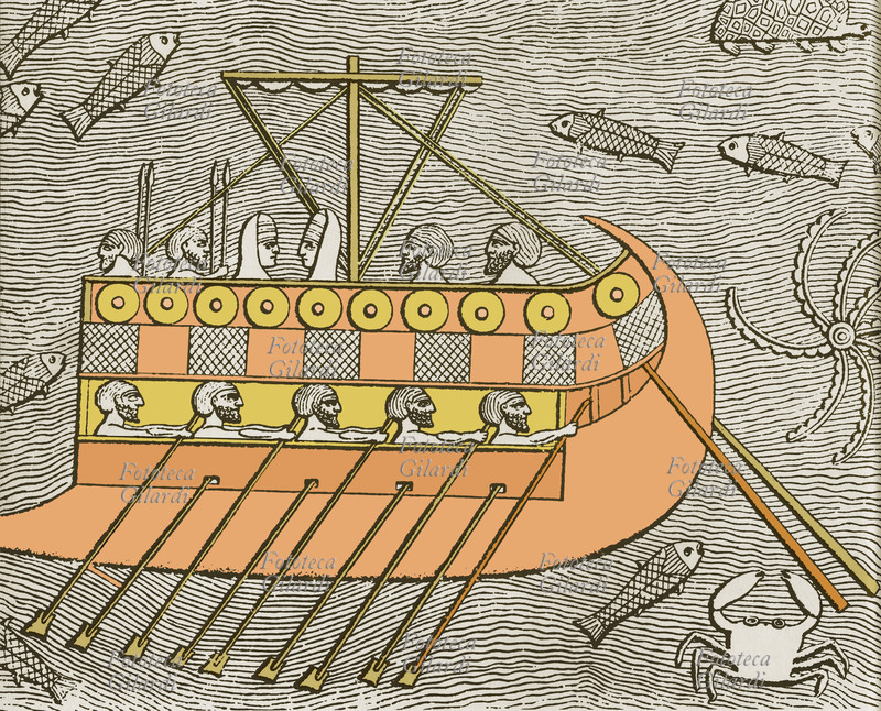 NAVI Galea fenicia, incisione secentesca tratta da un rilievo Assiro del periodo di Sennacherib, 700 a.C.,