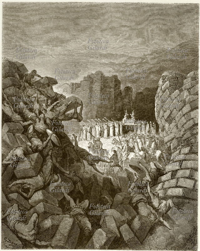 BIBBIA La caduta delle mura della città di Gerico. Giosuè 6:20. Incisione di Gustave Dorè (1832-1883) per una edizione dell\