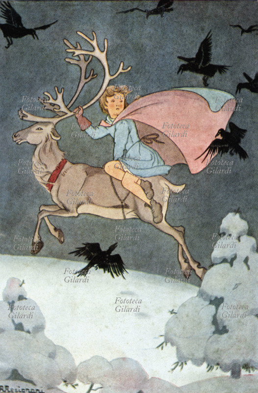 Hans Christian ANDERSEN (1805-1875) La renna accompagna Elda in Lapponia alla ricerca del suo amico Kay, dalla Regina delle Nevi . Quinta storia de La Regina delle nevi, fiaba in sette storie. Illustrazione da \