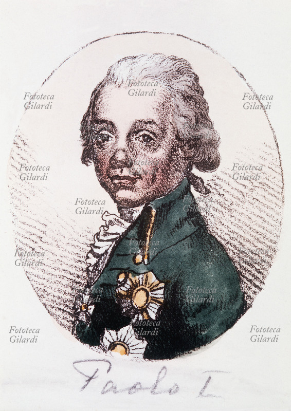 PAOLO I di Russia (1º ottobre 1754 – 23 marzo 1801) imperatore di Russia dal 1796 alla morte per una congiura di corte. Figlio di Caterina II la Grande e Pietro III (paternità controversa, ma ufficiale, per garantire una successione). Ritratto in ovale. Litografia acquarellata, XIX secolo.