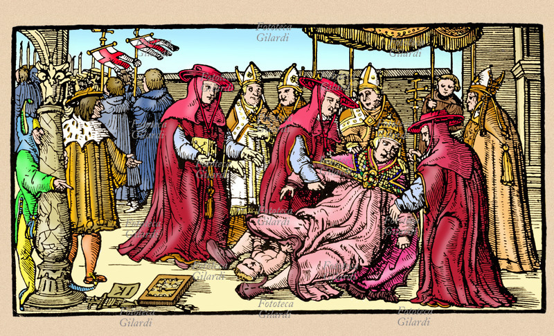 PAPESSA GIOVANNA (853-855) Il parto della papessa, durante una processione. La storia della Papessa Giovanna è narrata da Giovanni Boccaccio nel "De Claris Mulieribus" (Delle Donne Illustri) Xilografia tedesca colorata del XVI secolo