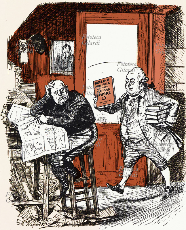Benito MUSSOLINI (29 luglio 1883 – 28 aprile 1945) in caricatura studia mappe geografiche e piani di guerra quando irrompe nello studio, direttamente dal passato, lo storico britannico Edward Gibbon (8 maggio 1737 – 16 gennaio 1794) che gli porta i volumi della sua opera più famosa, \