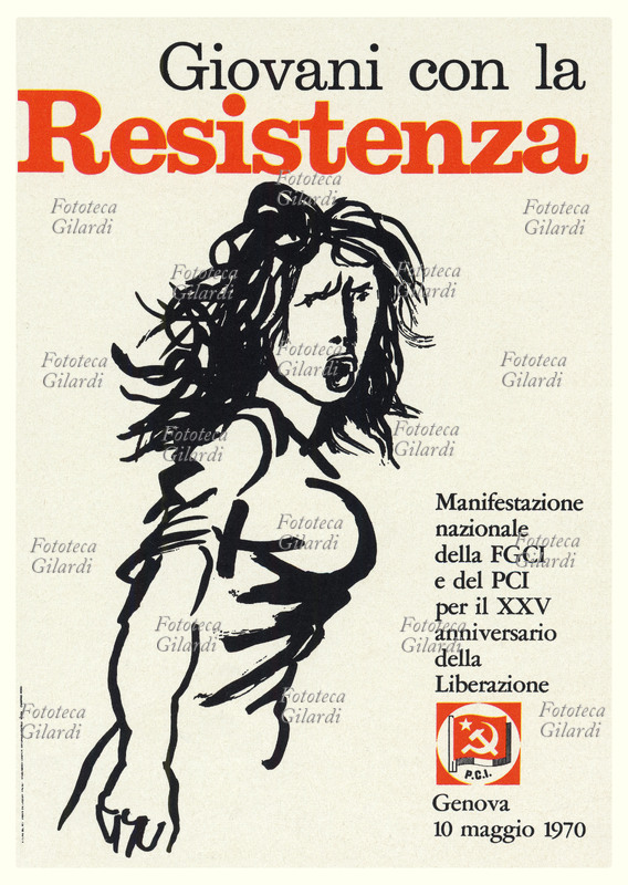 XXV ANNIVERSARIO DELLA LIBERAZIONE Una giovane donna accigliata in un urlo di lotta nel disegno di Renato Guttuso (26 dicembre 1911 – 18 gennaio 1987) per il manifesto \