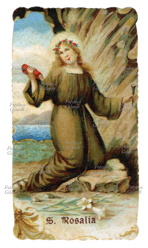 SANTA ROSALIA (?-1160) patrona di Palermo. I suoi resti furono trovati in una grotta del monte Pellegrino nel 1624, assieme ad uno scritto della Santa che spiegava di essere vissuta nella grotta in preghiera e penitenza. Immaginetta cromolitografica, 1890 circa