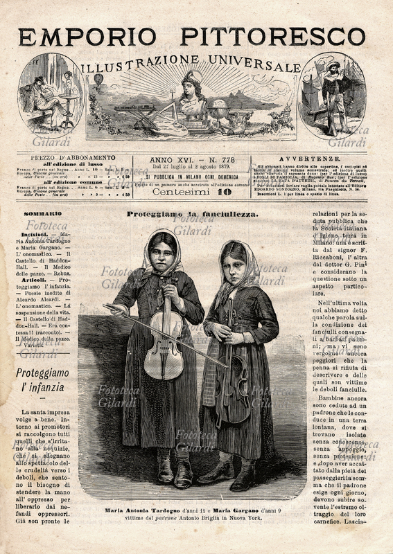 GIORNALI Copertina del settimanale illustrato "Emporio Pittoresco", dedicata al problema dello sfruttamento minorile. "Proteggiamo la fanciullezza, Maria Antonia Tardogno d\