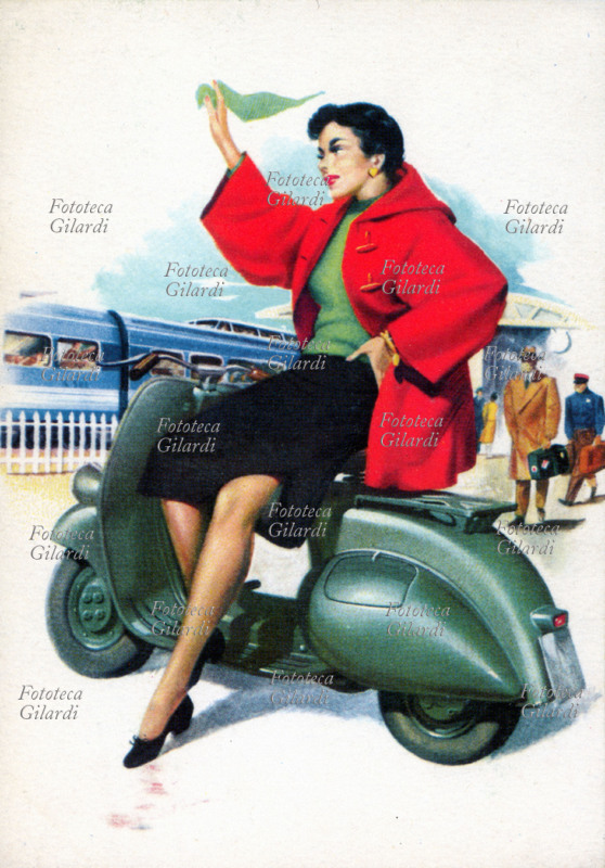 PUBBLICITÀ 1950 Cartolina promozionale per Vespa Piaggio, da una serie di otto dedicate al famoso scooter, diventato il simbolo di un\