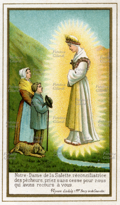 MARIAN APPARITION On 19 September 1846 the Virgin Mary manifested herself to two French shepherd children of 15 and 11 years old: Mélanie Calvat (7 November 1831 - 14 December 1904) and Maximin Giraud (26 August 1835 - 1 March 1875), entrusting them with a message a warning for the impiety and sins of men and forgiveness for those who had converted and done penance, to bring to all humanity. "Come my children, do not be afraid. I am here to tell you the Good News". Then he communicated a secret to each of them and disappeared into Heaven. Monsignor Joseph Henry, Bishop of Grenoble, granted the faithful 40 days of indulgence for the recitation of the invocation "Our Lady of La Salette, reconciler of sinners, pray relentlessly for us who have resorted to you". Chromolithographic devotional image, France circa 1900