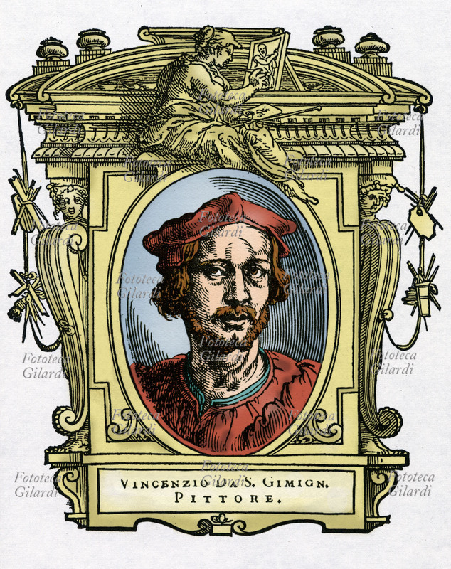 Vincenzo TAMAGNI (1492 - ca. 1530), an Italian painter also known as Vincenzo da San Gimignano. The portrait is enclosed in a frame decorated with allegorical figures and instruments of the arts. Colored illustration on a 16th century xylographic basis, from the treaty \