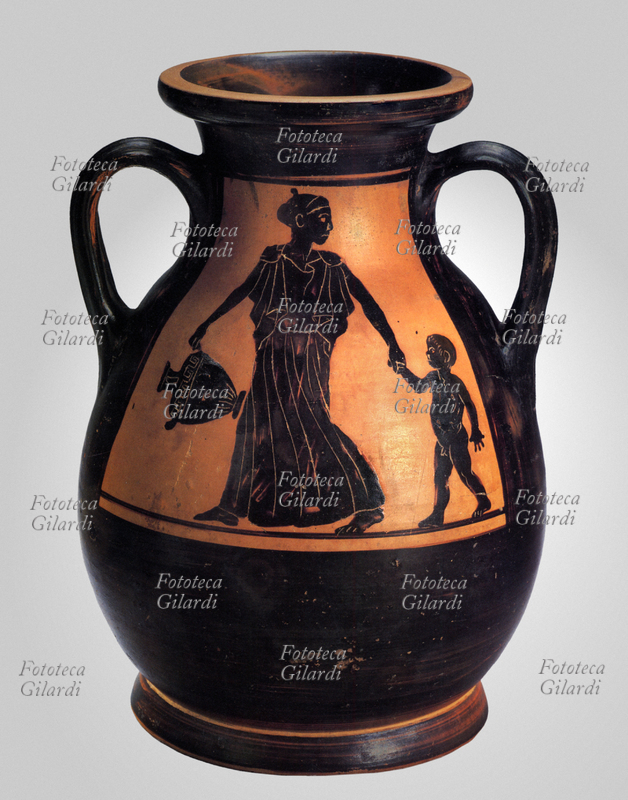 ANTICA GRECIA Donna con hidria e bambino per mano Pittura su hidria del V secolo a.C.