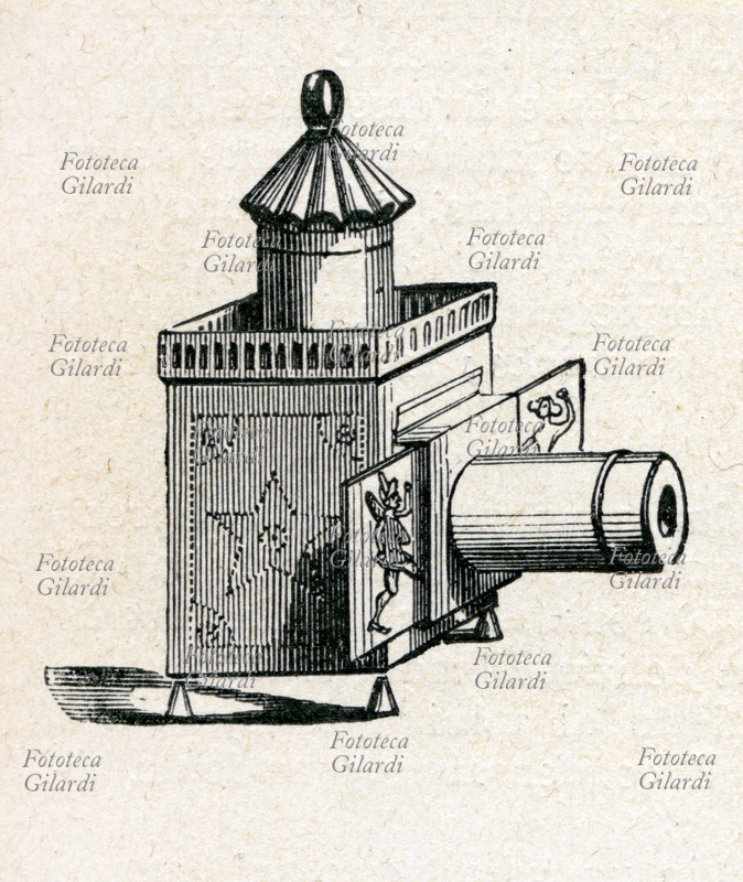 LANTERNA MAGICA Il modello progettato da Athanasius Kircher (2 maggio 1602 – 28 novembre 1680) nel XVII secolo. Incisione dal manuale di Luigi Sassi "Proiezioni fisse e cinematografo", Hoepli, Milano 1911