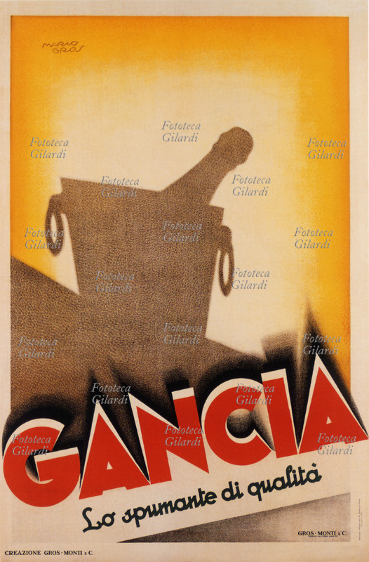 VINO SPUMANTE Gancia lo spumante di qualità. Su uno sfondo luminoso si staglia la silhouette di un secchiello del ghiaccio con la bottiglia in fresco. Illustrazione Mario Gros (1888 – 1977), Grafica Gros - Monti & C. Italia, 1931.