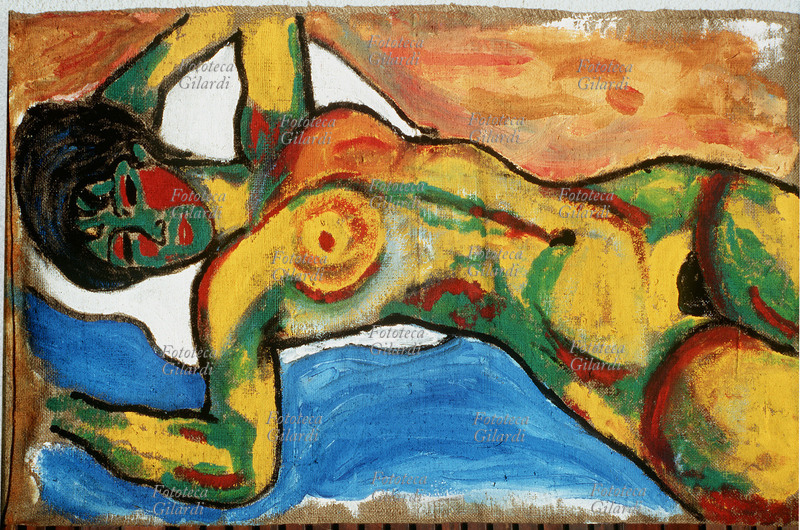 EROTISMO Nudo sdraiato (Outrage a Modigliani). Dipinto di Ando Gilardi #andogilardi . Collezione privata. Acrilico su tela di sacco, 1995.