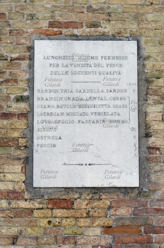 PESCA lapide che indica le "Lunghezze minime permesse per la vendita del pesce delle seguenti qualità: Barbon, Tria, Sardella, Sardon cm 7; Bransin, Orada, Dental, Corbo, Sparo, Botolo, Boseghetta, Soaso, Lotregan, Meciato, Verzelata, Lovo, Sfogio, Passarin, Rombo cm 12; Bisato cm 25; Ostrega cm 5; Peocio cm 3". Disposizioni attuate per preservare le specie ittiche presenti in laguna, indicate con la denominazione locale. Le quote sono successivamente state innalzate, quindi non corrispondono al regolamento nazionale in vigore; le infrazioni sono disciplinate con sanzioni amministrative. Facciata della "Scuola dei Varoteri" (conciatori di pelli) situata dietro alla Pescheria, Campo Santa Margherita, Venezia. Fotografia di Elena Piccini (taglio verticale), Italia giugno 2017