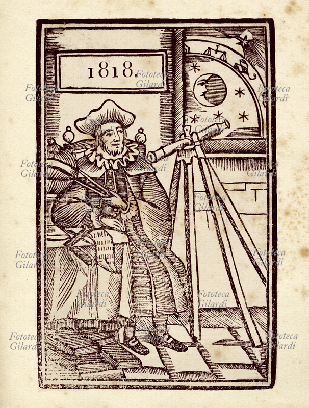 ASTROLOGIA Un astrologo osserva la volta celeste e i suoi segni zodiacali. Copertina di Almanacco astrologico, incisione, 1818.