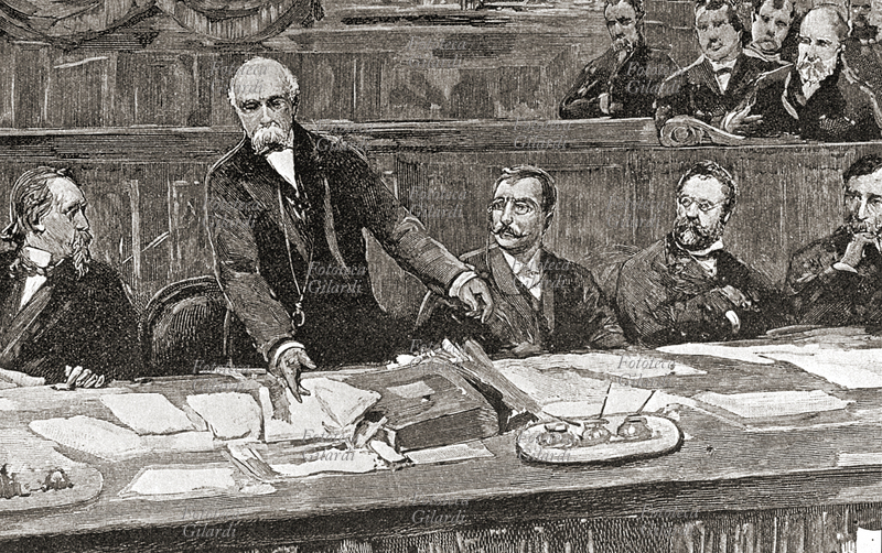 Francesco CRISPI (1818-1901) La caduta di Francesco Crispi: il banco dei ministri al momento del discorso di Crispi, 31 gennaio 1891. Disegno di Dante Paolucci da \