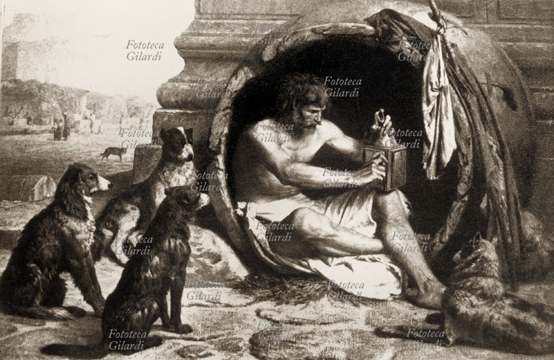 DIOGENE (412-323 a.C.) filosofo cinico, raffigurato nella botte dove viveva, circondato dai cani. Portò ad estreme conseguenze il principio del ritorno alla natura e all\