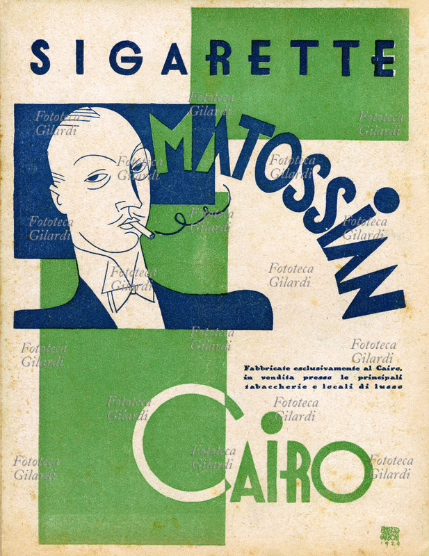 FUMO annuncio pubblicitario di Erberto Carboni (1899-1984), designer grafico, cartellonista e illustratore, per le sigarette Matossian. Nell\