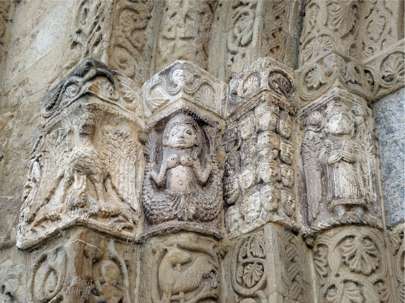 MIDDLE AGES Lombard Romanesque art. Two-tailed siren and other symbolic figures, sandstone bas-reliefs from the facade of the Basilica of San Michele Maggiore in Pavia, 12th century