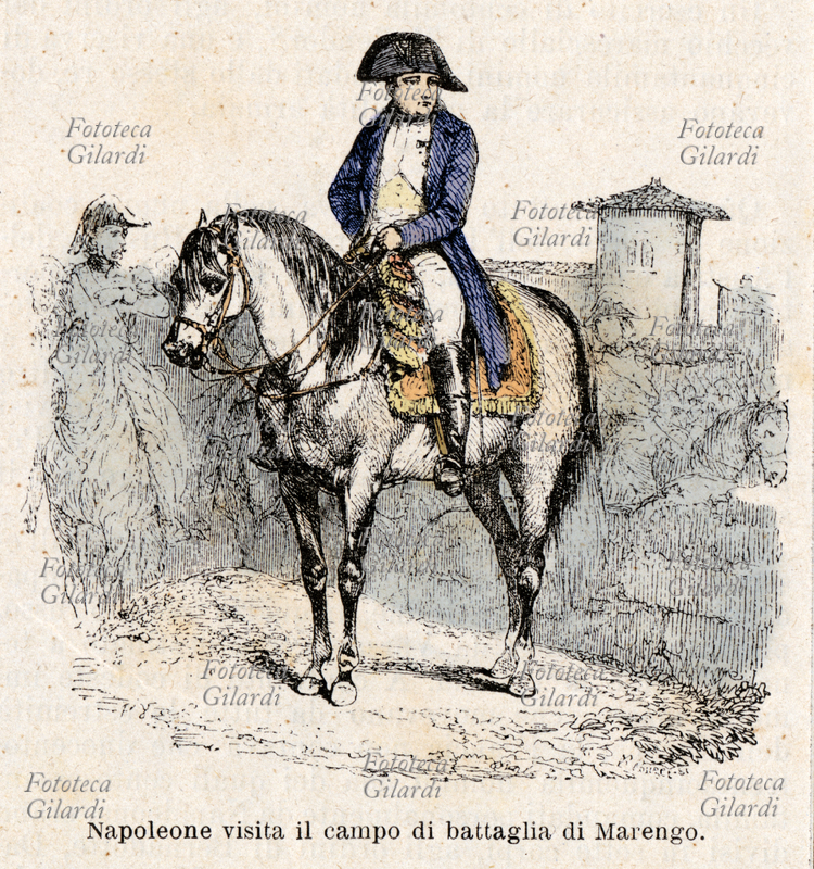 Napoleone BONAPARTE (15 agosto 1769 – 5 maggio 1821) in Italia, visita il campo di battaglia di Marengo. Il 14 giugno 1800 Napoleone riportò a Spinetta Marengo (AL) una vittoria sugli austriaci del generale von Melas, decisiva per l\