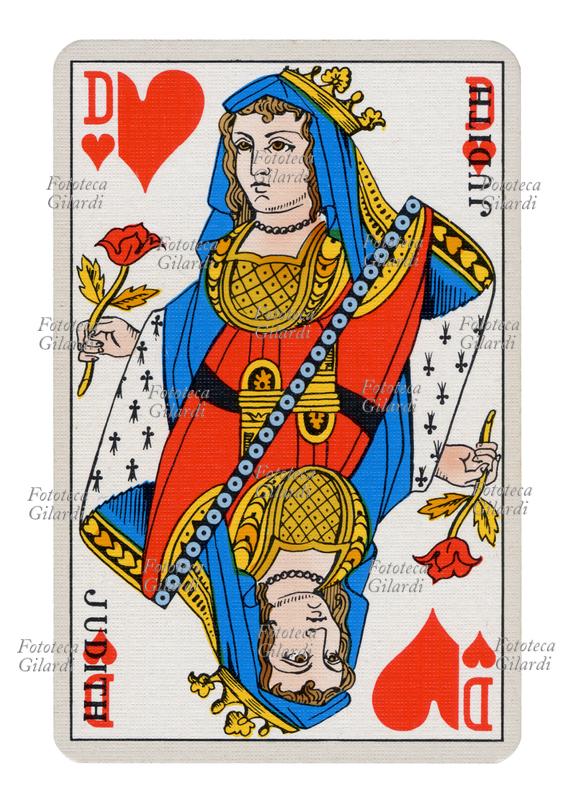 CARTA DA GIOCO Francese. Serie regionale per il gioco a 32 carte chiamato Belote, che mantiene nelle figure Roi, Dame, Valet, i nomi antichi della tradizione: la Donna di Cuori è \