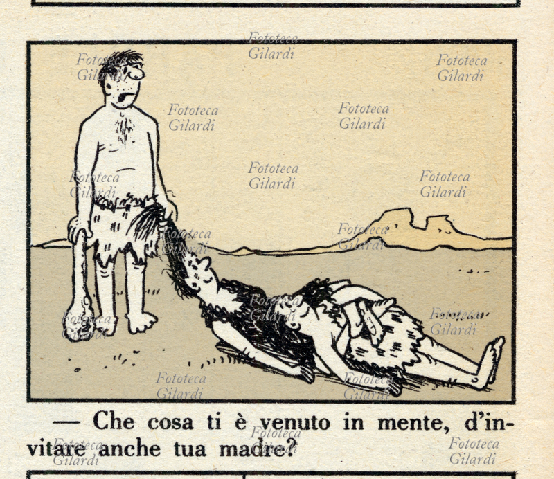 BARZELLETTE ILLUSTRATE un classico dei giornali illustrati del Boom economico. Il disaccordo tra genero e suocera dura dalla Preistoria: \