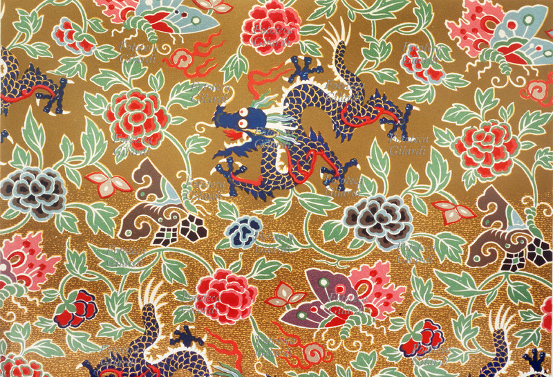 CINA decorazione con drago, farfalle e peonie. Tavola litografica a colori da trattato storico sulle arti decorative nel mondo, Francia 1888