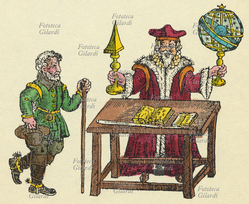 ASTROLOGIA. Un astrologo riceve un cliente, nelle mani stringe gli attrezzi del mestiere tra cui una sfera armillare. Stampa colorata del XVI secolo.