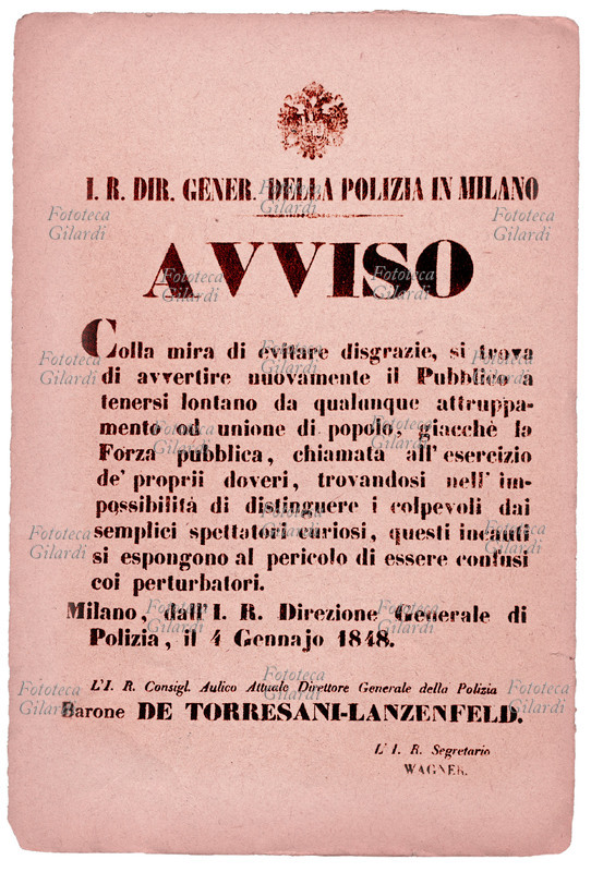 QUARANTOTTO Milano, manifesto del comando di polizia per i disordini dello \