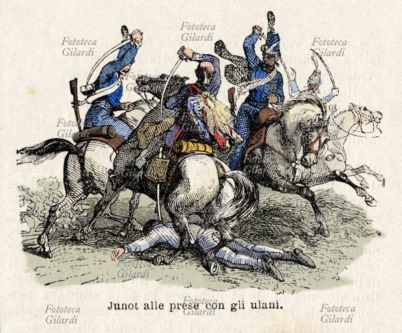 Jean-Andoche JUNOT (23 ottobre 1771 –29 luglio 1813) duca di Abrantès, detto "La tempesta", generale francese, aiutante di campo di Napoleone Bonaparte (1769-1821) in Italia e in Egitto; combatté contro gli inglesi in Portogallo (1807) occupando Lisbona e Abrantès. Qui alle prese con due ulani austriaci, durante la campagna d\