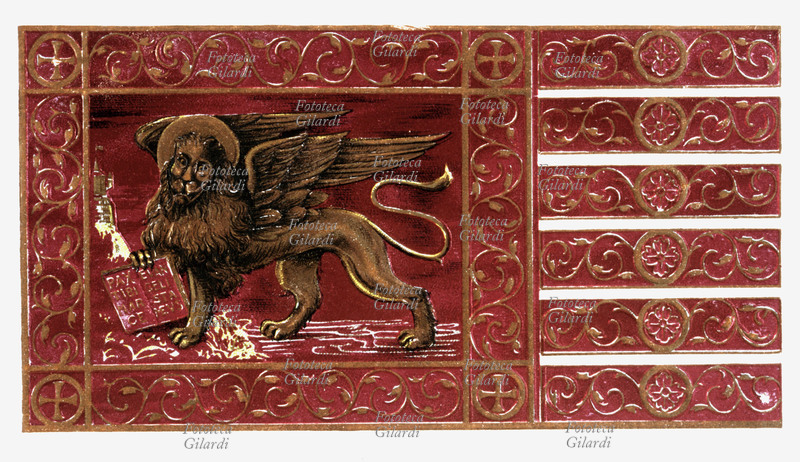VENEZIA stendardo rosso contenente la raffigurazione del leone di San Marco, simbolo della città. Illustrazione ispirata alla bandiera Contarina, con le sei code riccamente decorate. Cromolitografia Libreria Cartoleria Gio. Zanetti, Venezia, 1900 circa.