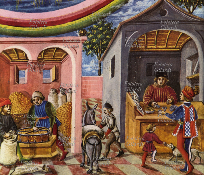 COMMERCIO del grano e banchiere medioevali. Miniatura medioevale tratta dal codice \