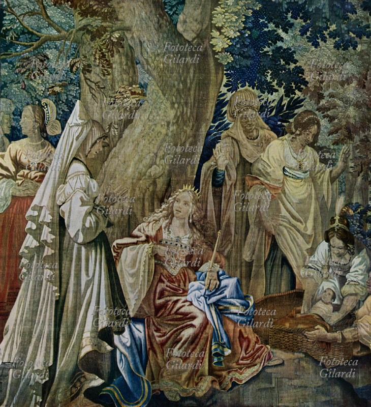 BIBBIA Mosè salvato dalla acque Stampa da dettaglio da arazzo di Bernardino van Asselt, cartone di A. Melissi custodito a Firenze, Arazzeria Medicea 1651 - 1659