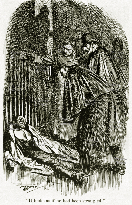 ROMANZO POPOLARE Alcuni poliziotti investigatori ritrovano il cadavere di un uomo, in apparenza strangolato. Illustrazione di H.M. Brock (11 luglio 1875 - 21 luglio 1960) per il romanzo poliziesco "The Old Man in the Corner" della scrittrice britannica di origine ungherese Baronessa Emma Orczy (23 settembre 1865 – 12 novembre 1947). Regno Unito, 1909.