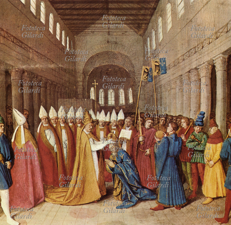 CARLO MAGNO (742-814) incoronato da Papa Leone III in S.Pietro a Roma (800). Stampa che raffigura una miniatura di Jean Fouquet tratta dall\