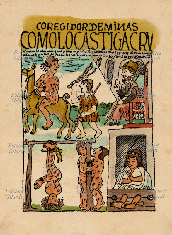 INCAS Varie torture inflitte dai dominatori spagnoli agli indios che non si volevano piegare alla loro autorità. Disegno a inchiosto dal manoscritto. \