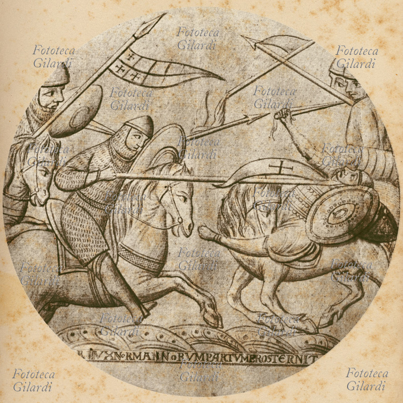 NORMANNI Cavalieri normanni in combattimento. Disegno del Duca Roberto di Normandia per le finestre del coro dell\