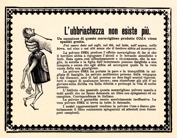 PUBBLICITÀ DI UNA CURA CONTRO ALCOLISMO PUBBLICITÀ DI UNA CURA CONTRO ALCOLISMO