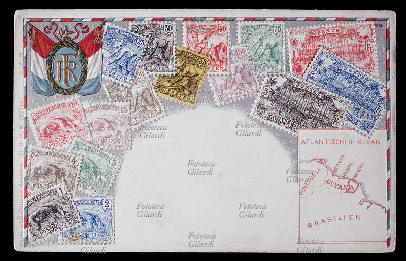 COLONIALISMO francobolli della Guyana francese. Illustrate nello schema le divisioni tra Guyana inglese, olandese e francese. Cromolitografia, Germania 1910 circa.
