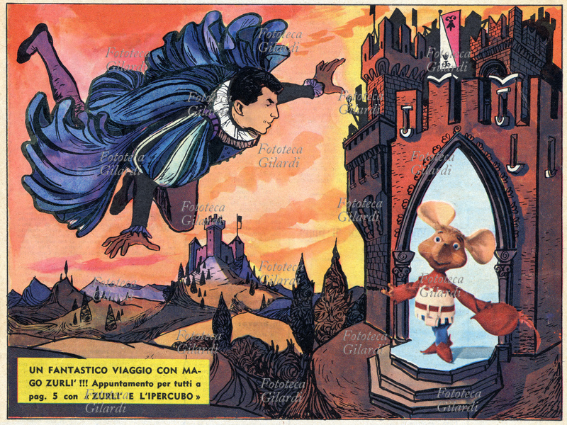 MAGO ZURLÌ dettaglio da pagina del Corriere dei Piccoli con una storia del mago Zurlì, in versione fumetto (testo di Triberti e disegni di Toppi). Cino Tortorella (1927-2017) che interpreta il mago azzurro è l\