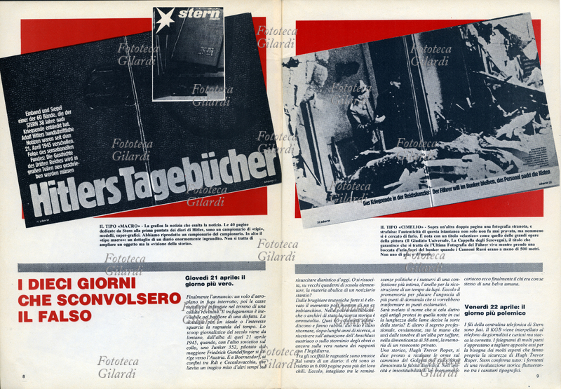 SPECIALE PHOTO "Chi ha scritto i diari di Hitler, i testi e il perché - I veri falsi", ideato e realizzato dalla redazione di Phototeca e dai suoi collaboratori: Roberta Clerici, Ando Gilardi, Patrizia Piccini, Piero Raffaelli, Sergio Sisti, Santi A. Urso. Nel titolo: "I dieci giorni che sconvolsero il falso"; nelle foto: due doppie pagine della rivista tedesca Stern che ha annunciato lo "scoop" dei diari. Documenti fotografici della Fototeca Gilardi. Pagine 8 e 9, Publimedia Editrice srl, Italia, maggio 1983